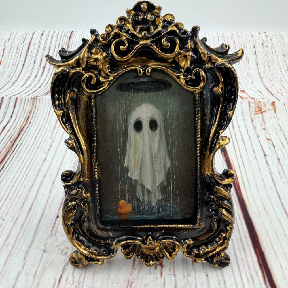 Ghost in Shower Art Print Ornate Gold Black Resin Frame Miniature Decor